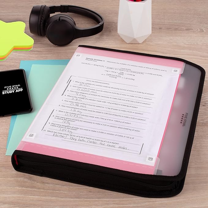 Five Star Expanding File Organizer + Study App, 7-Pocket Accordian File Organizer, Zipper Closure, Holds 8-1/2" x 11" Paper, Prom Pink (350099R)