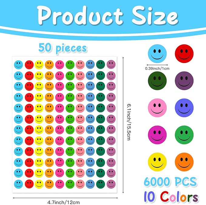 6000 Pieces Smiley Face Stickers, Small Happy Face Stickers, Round Happy Face Decals Colorful Mini Incentive Reward Stickers for Kids, Behavior Chart Sticker for Students Teachers Classroom Supplies