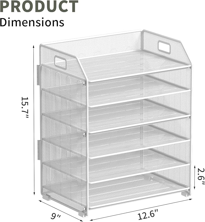 6 Trays Paper Organizer Letter Tray with Pull-Out Drawer, Assembled Mesh Desk File Holder, Metal Paper Sorter for Office Documents, White