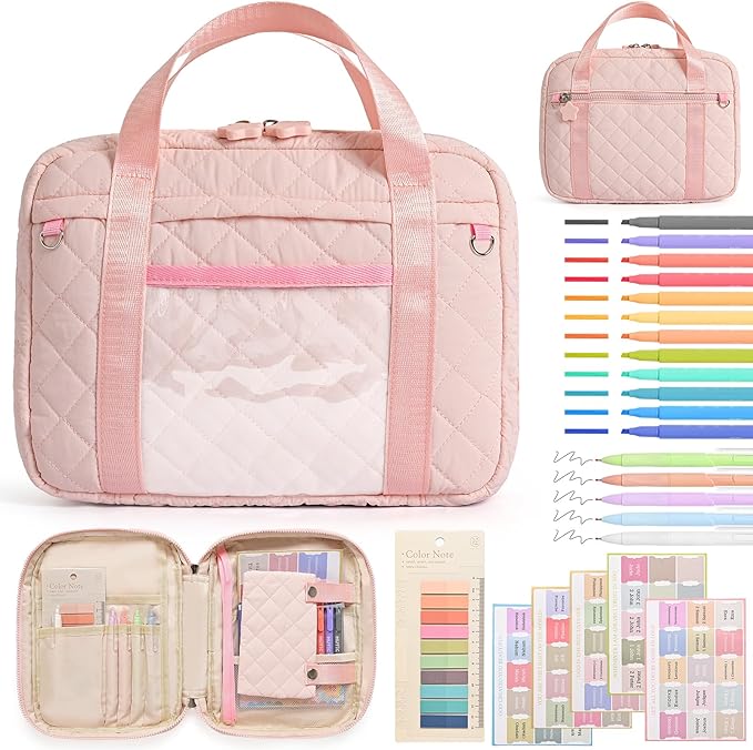 Quilted Bible Cover for Women, Zippered Bible Case with Handle, Bible Organizer Bag w/Multiple Pockets & Pen Slots Lightweight Bible Tote Bag for Church Study, Gifts for Women (Pink)