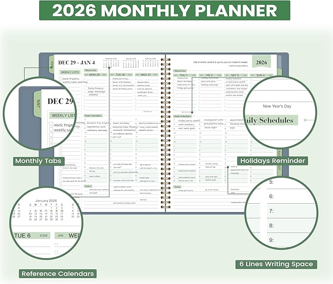2026 Planner - Business Planner 2026, 3-Tier Schedule Planner Notepad, JAN 2026 - DEC 2026, 2026 Appointment Book, Daily Planners, 8.74" x 11.38", 60 Minutes Intervals + Monthly Tabs + Leather Cover + Pocket - Pea Green