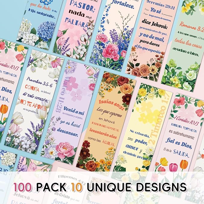 100 Spanish Bible Verse Bookmarks, 10 Inspirational Scripture Designs – Double-Sided Christian Bookmarks for Women Men, Religious Gifts for Book Lovers, Church, Prayer & Study (Spanish Bible)