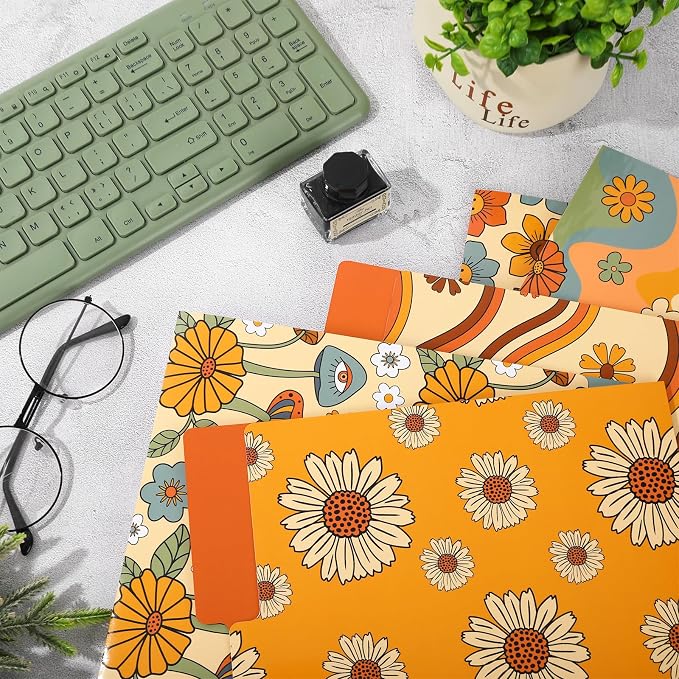 FYSUIMU Boho Floral File Folders 12 Pack Retro Rainbow Flower Letter Size File Pockets with 1/3 Cut Tab for Office Classroom Files Organizer, 9.5 x 11.5 Inch