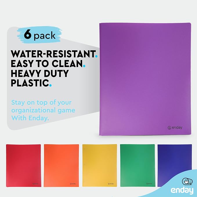 Plastic Folders with Pockets and Prongs, Two Pocket Folder with Brads, 3 Prong Folders with Pockets for Letter Size Sheets, Asstd Colors in Purple, Blue, Green, Yellow, Orange & Black, 6 Pc –by Enday