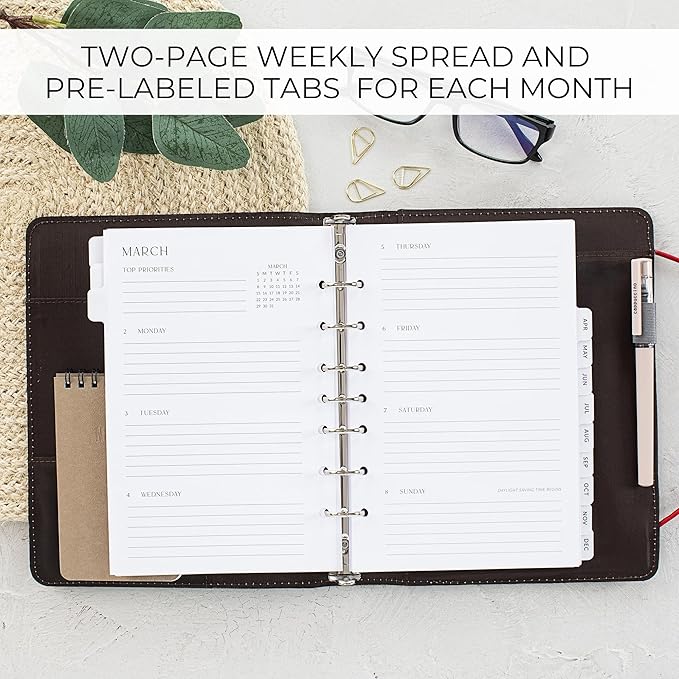 Beautiful 2026 Daily Planner Inserts for 7 Ring Binders – Durable A5 Paper Refill Set 5.5" x 8.3" - Refills Incl. Tabs & Monthly Calendar Spreads - From January 2026 - December 2026