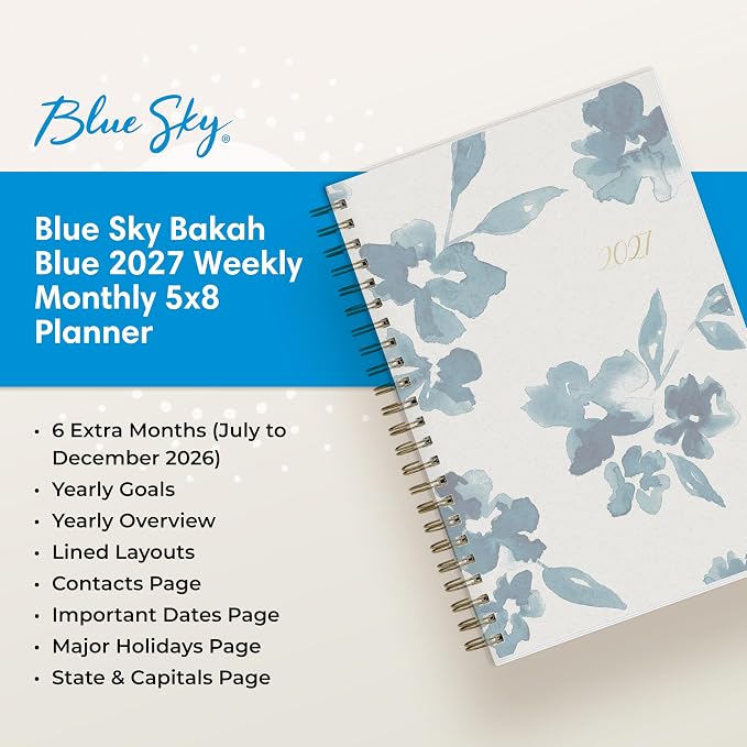 Blue Sky 2027 Weekly and Monthly Planner Calendar, January 2027 - December 2027, 5" x 8", Flexible Frosted Cover, Laminated Tabs, Durable Twin Wire Binding, Bakah Blue