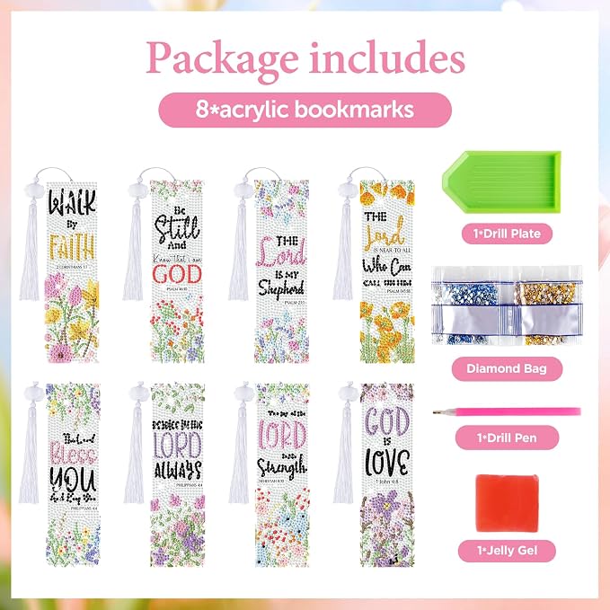 8 Pieces Christian Bible Verse Diamond Art Bookmarks 5d Christian Beaded Bookmark Acrylic Tassel Bookmark for DIY Making Beginners Adults Arts Craft Supplies (Christian-1)