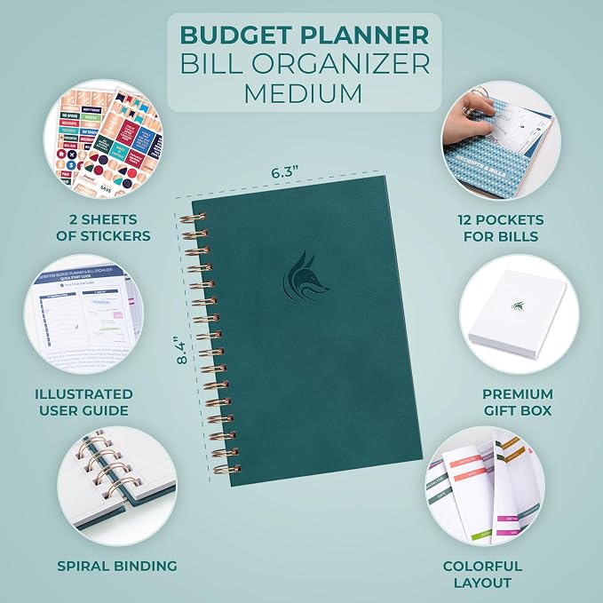 Clever Fox Budget Planner & Monthly Bill Organizer With Pockets. Expense Tracker, Budgeting Journal & Financial Book. Medium, 5.1x8.2" (Dark Teal)