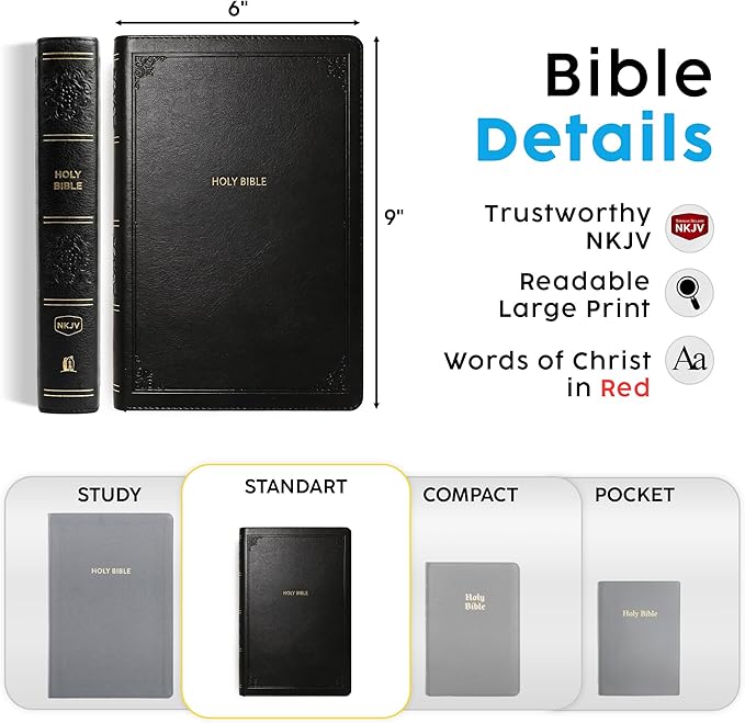 Personalized NKJV Reference Bible, Custom Name Text & Design, New King James Version, Large Print, Red Letter, Cross References, Faux Leather Black, Baptism Confirmation Gift