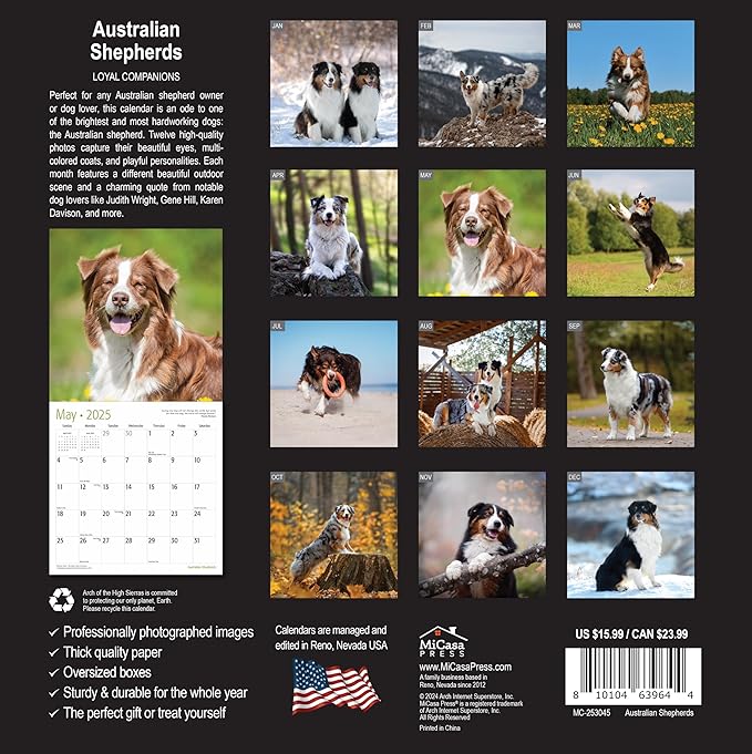MICASA PRESS - Australian Shepherds 2025 Wall Calendar 12 Month | 12" x 24" Open | Thick & Sturdy Paper | Giftable | Calendar 2025