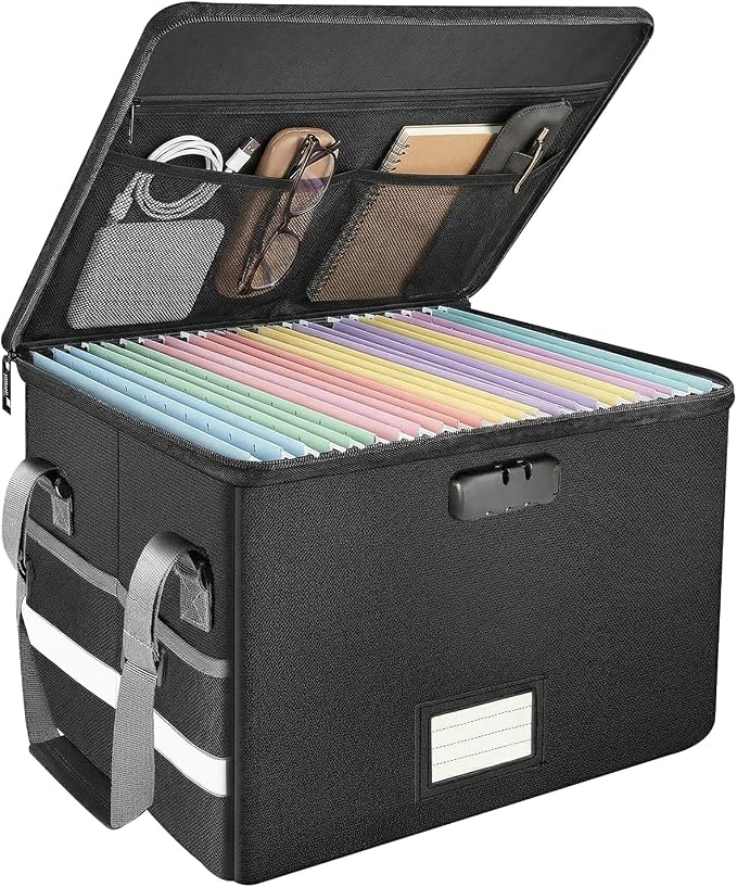 novelinks File Box with Lock, Fireproof Document Box for Home Office,Collapsible Storage Box with Mesh Pockets & Zipper & Handle, Cabinet for Hanging Letter/Legal Folder,Black (Single-layer)