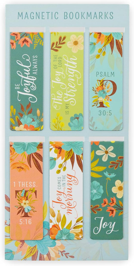 Christian Art Gifts Colorful Inspirational Magnetic Scripture Bookmark Pagemarker Set for Women: Joy of the Lord Encouraging Bible Verses, Pink, Teal, Green Floral Theme for Books, Bibles, 6 Piece Set
