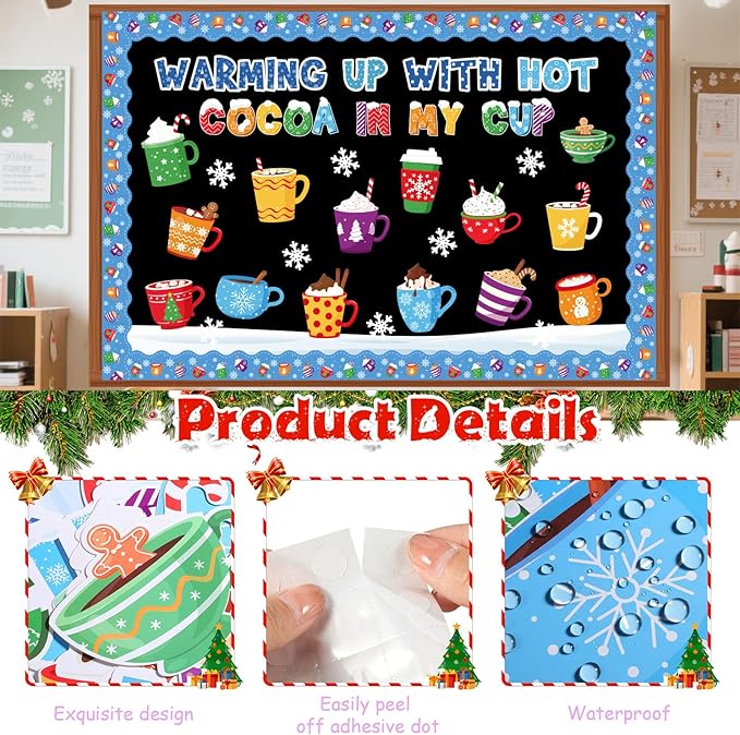 Funrous 52 Pcs Winter Bulletin Board Set Hot Cocoa Classroom Decor Winter Bulletin Boards Warming up with Hot Cocoa Latte Snowflake Cutouts for Christmas Holiday Party School Classroom Home Wall Decor