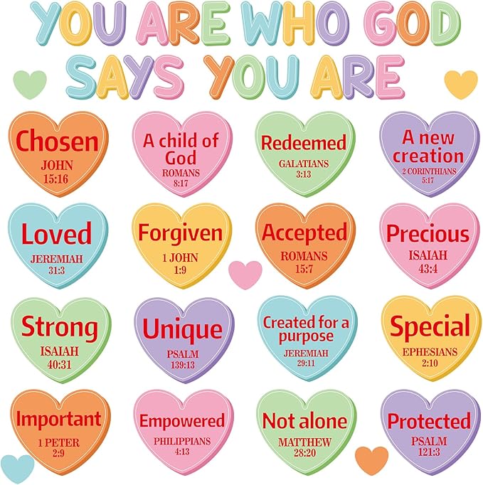 Christian Bulletin Board Decorations Set Motivational Quote Paper Cutout God Says You are Valentine's Day Classroom Wall Decor Conversation Heart Bulletin Board for Sunday School Home Church Supplies