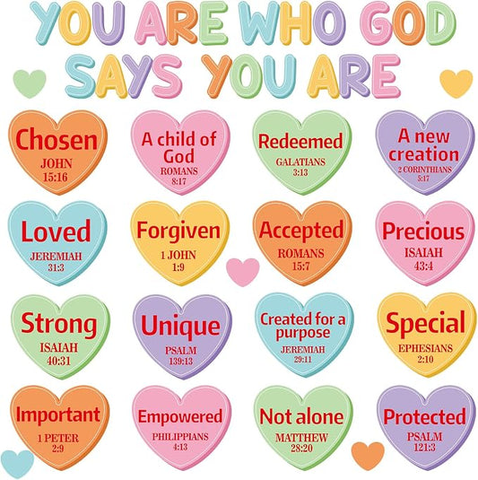 Christian Bulletin Board Decorations Set Motivational Quote Paper Cutout God Says You are Valentine's Day Classroom Wall Decor Conversation Heart Bulletin Board for Sunday School Home Church Supplies
