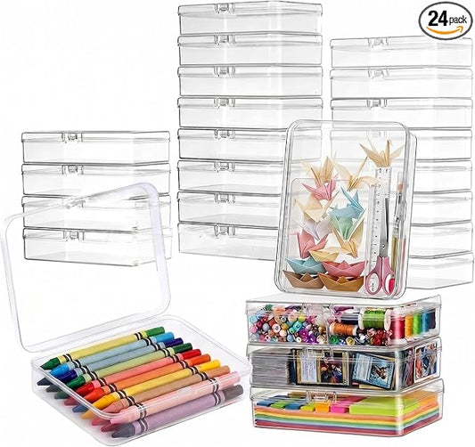 24 Pack Plastic Crayon Boxes with Lids, Clear Stackable Storage Containers for Crayons Bulk, Classroom Organizer, Art Supplies & Small Items
