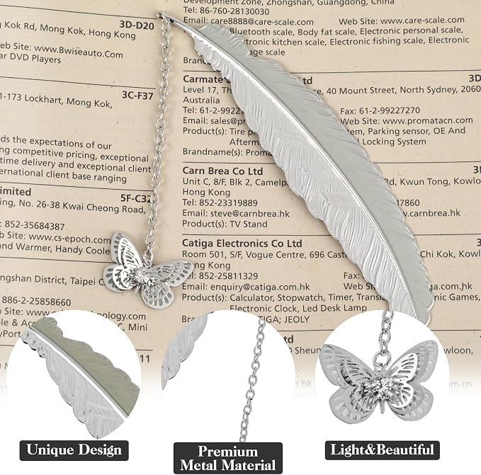 Jeffdad Feather Metal Bookmark with 3D Butterfly Pendant, Glow in The Dark Butterfly Bookmark, Fantasy Bookmark Gifts for Women Girls, Cool Bookmarks for Book Reading Lovers(Silver Butterfly)