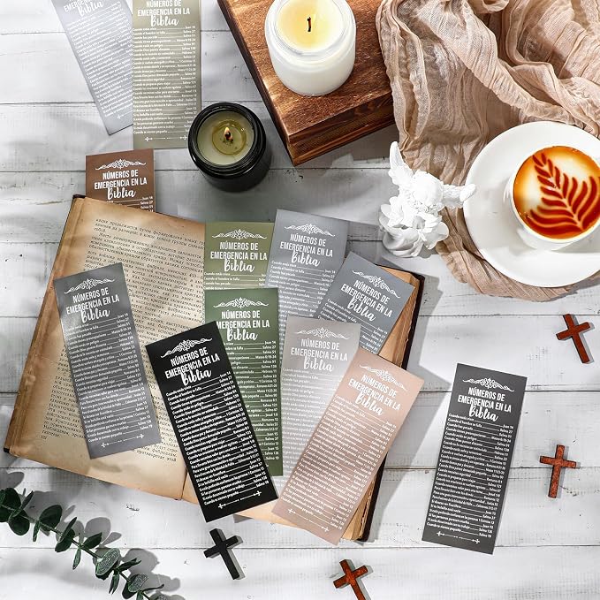 Motiskyy 100 Pcs Spanish Bible Emergency Numbers Bookmark Christian Church Gift 6 x 2.36 Inches Religious Fathers' Day Gift for Church Favor Welcome Sunday School Teacher(Morandi Color)