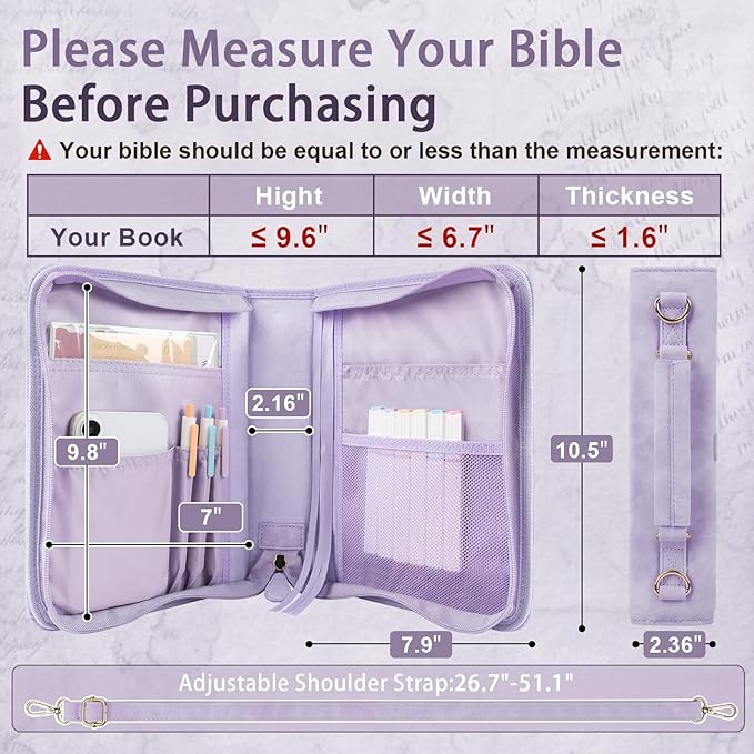 Classic Leather Bible Cover Case with Cross Design and Handle & Shoulder Strap for Women, Durable Bible Study Supplies Organizer Carrying Bag, Christmas Gifts for Christians with Gift Box（Purple