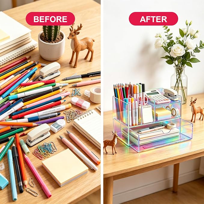 Desk Organizer with Drawers Acrylic Desktop Organizer Pen Holder Caddy for Office Supplies Makeup Organizer for Vanity, Iridescent