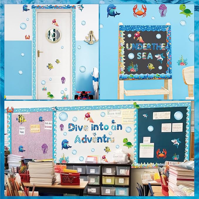 Kosiz Ocean Colorful Bulletin Board Decoration Set 118 ft Scalloped Bulletin Board Borders Classroom Poster Border Trim with 257 Pcs Letter Number Symbol Cutout for School Decor