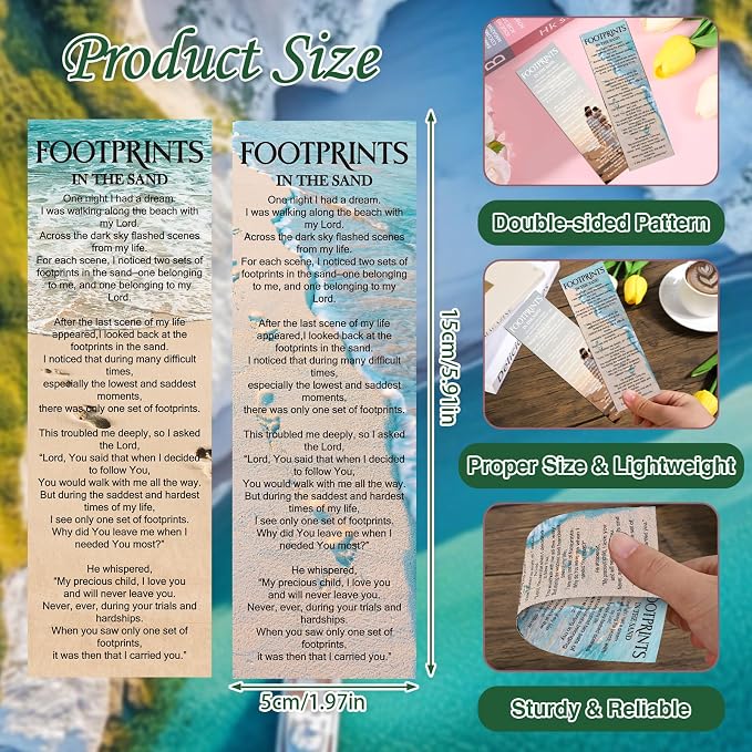 Footprints in The Sands Bookmarks Gifts - 100 Pcs Christian Religious Bookmark Bible Inspirational Page Markers Clips Book Mark Prayer Gospel Tracks for Evangelism Church Office Home Supplies