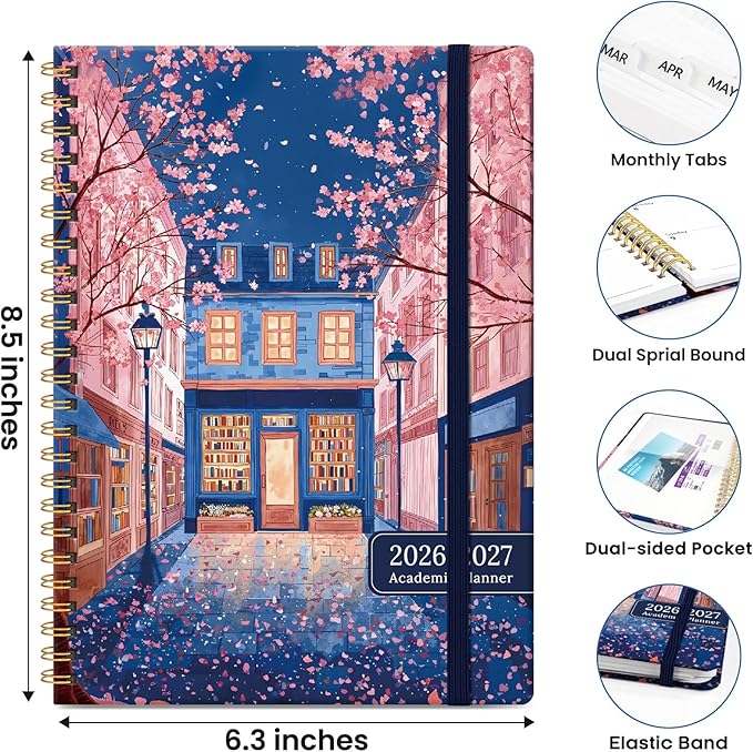 2026–2027 Academic Planner, Weekly and Monthly Planner for Women, July 2026 - June 2027, Pretty Hardcover 2026–2027 Academic Planner with Tabs, Inner Pocket, Spiral Bound, Perfect Office Home School Supplies - 6.3" x 8.5", Florist Cat