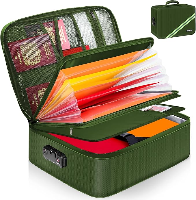 Noiposi Document Organizer with 5200℉ Heat Insulated,16.1"x11.4"x4.3" Waterproof and Fireproof Document Box,Portable Home Travel Safe Storage Box for Important Documents and File,Green