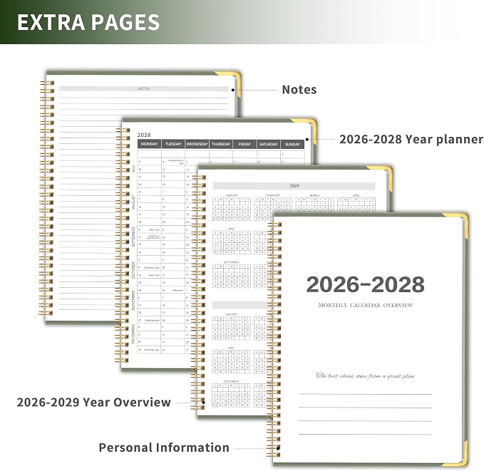 Monthly Planner 2026-2028, Hardcover 3 year calendar 2026-2027-2028 Calendar Book from Jan 2026 - Dec 2028, 9“ x 11”, Spiral Bound,Organizer for Office, School, and Home,Green
