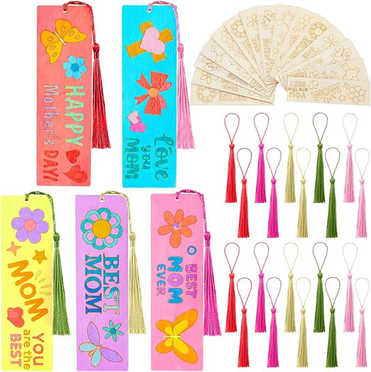 AmazingSpark 100 Pcs Mother's Day Wooden Bookmarks, 50 Set DIY Craft Kit with Tassels, Blank Coloring Bookmarks for Mom Grandma Gifts, Classroom Activity, Party Favor