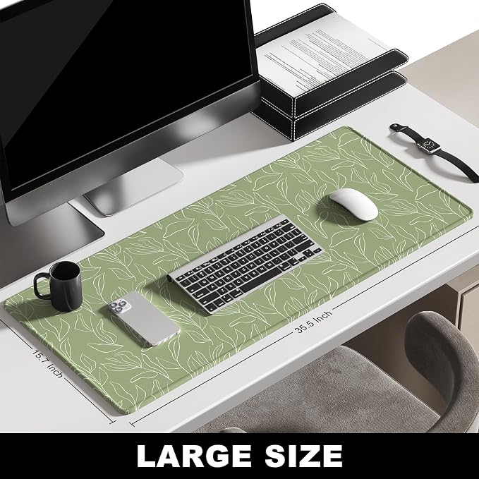 BosoBo Large Gaming Desktop Mat - XXL XXL Full Cover 35.5 x 15.7 Inches, Minimalist Green Leaf