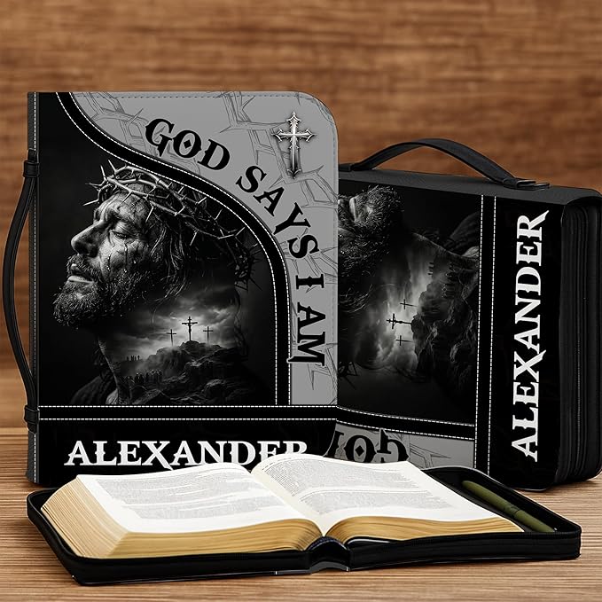 Custom Leather Bible Cover with Name – Personalized Bible Case for Women Zippered with Handle, Bookmark & Storage Pockets, Christian Gift for Mom, Daughter, Grandma (Man - God Says I Am, M-2XL)