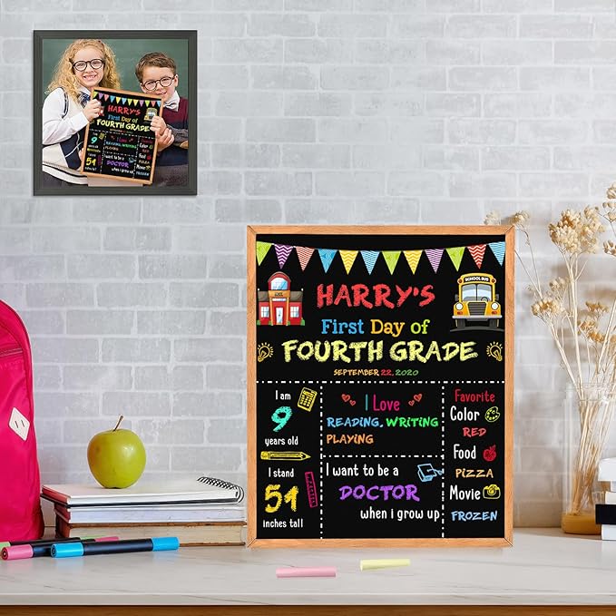 First Day of School Sign - 14" X 11" Double-Sided Board With Frame for Kids - Chalkboard for First & Last Day, Back to School Supplies for Preschool Kindergarten 1st Grade