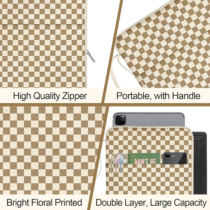 Plaid Book Sleeve Pouch For Women, Paperback Book Protector Case with Zipper, PU Leather Waterproof Book Pouch, Printed Book Carrying Case for Book Lovers Hardcover Girl Brown