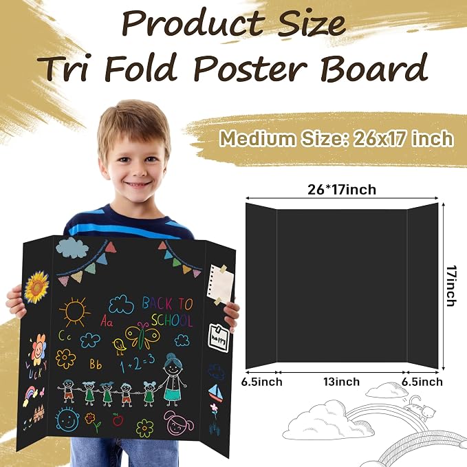 PSHVYM 12 Pcs Black Trifold Poster Board, 26 x 17 inches with Double Sided Tapes and Cardboard, Corrugated Presentation/Display Board for School Project, Science Fair, Business