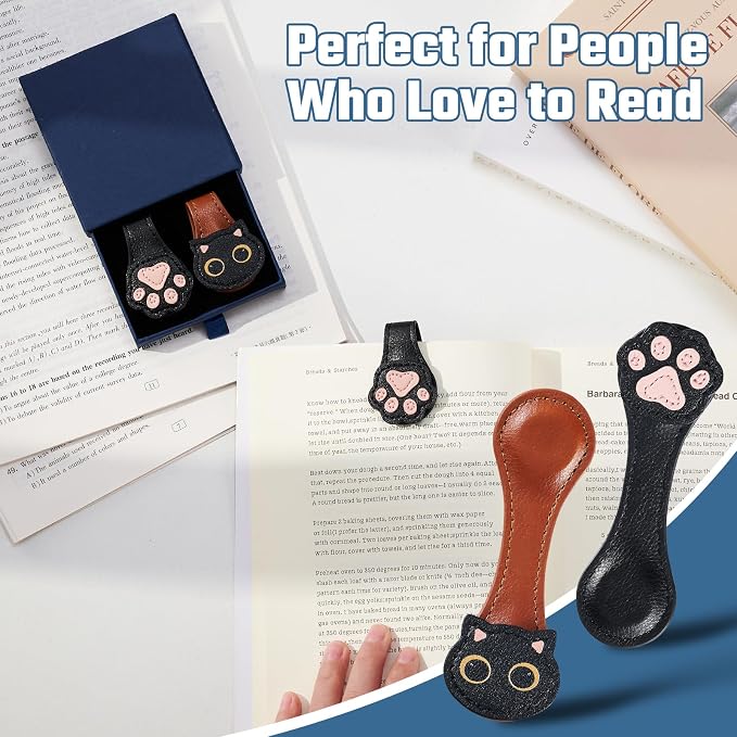 2Pcs Magnetic Leather Bookmarks with Gift Box Magnetic Pen Holder Book Marks Clip Gift for Book Lover Readers Men Women Teachers Students, Cat+Paw (Brown+Black)