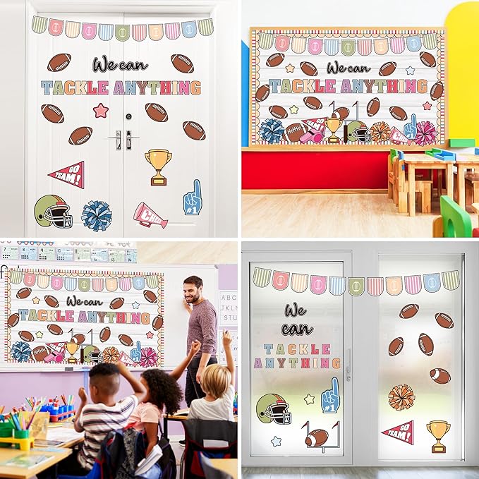 Sports Football Bulletin Board Set Classroom Decorations We Can Tackle Anything Inspirational Bulletin Board Football Theme Cutouts for School Office Chalkboard Whiteboard Wall Window Decor