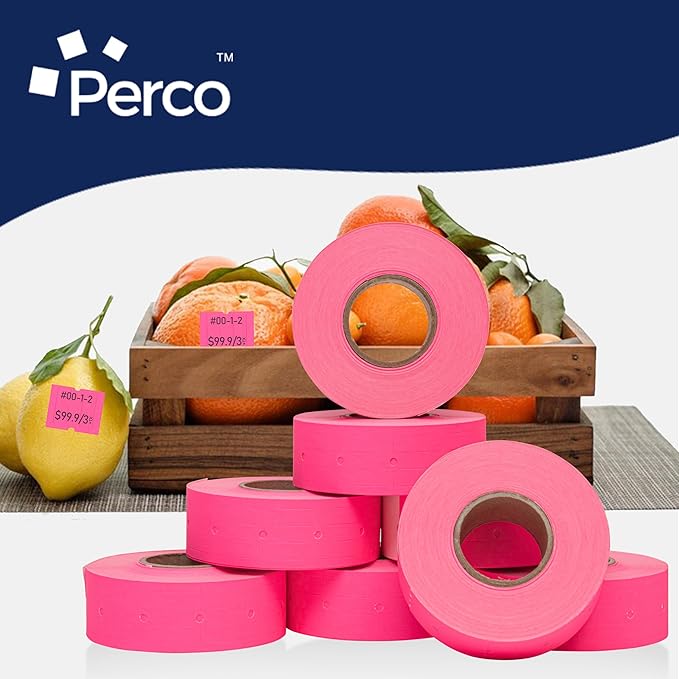 Perco 2 Line Fluorescent Pink Labels - 8 Rolls, 1 Sleeve, 6,000 Blank Price and Date Gun Labels for Perco 2 Line Price and Date Guns - Made in USA