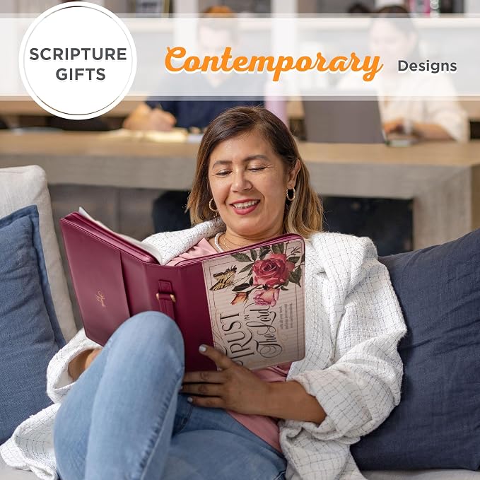 Christian Art Gifts Maroon Red Floral Fashion Bible Cover for Women: Trust in the Lord - Prov. 3:5 Inspirational Scripture Verse, Vintage Vegan Leather Book Carry Case Bag w/Stationery Storage, Large