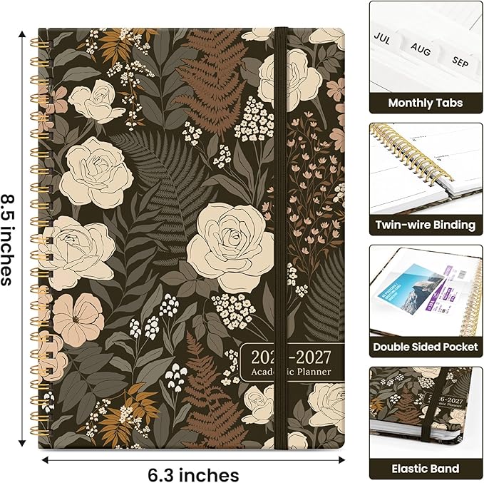 Planner 2026-2027, Academic Year Monthly and Weekly Calendar Planner, Jul 2026 - Jun 2027, Hardcover Teacher Student Planning Agenda book with Tabs, Perfect for School Office Supplies, 6.3" x 8.5" - Wild Rose