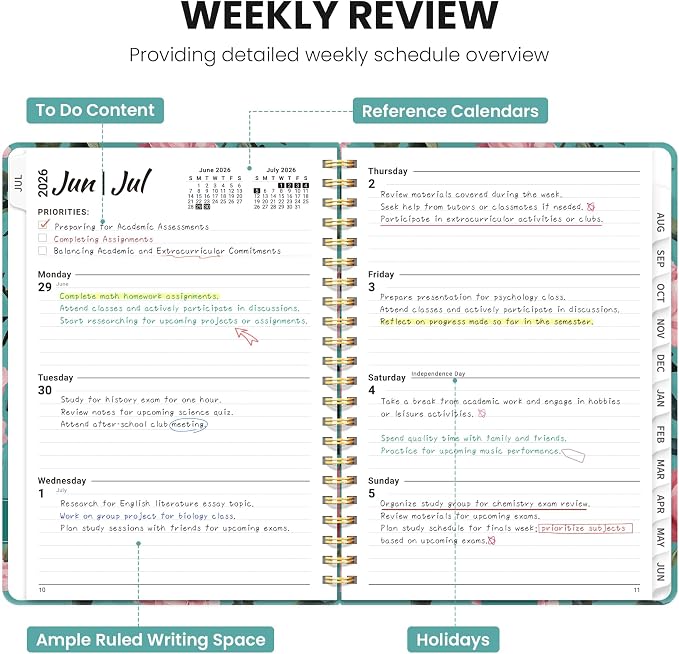 Planner 2026–2027, Academic Planner Weekly and Monthly Calendar Jul 2026 – Jun 2027 Hardcover Planner with Tabs and Pocket, Spiral Bound Agenda Book for Student & Teacher, 8.5" x 11", Teal Peonies