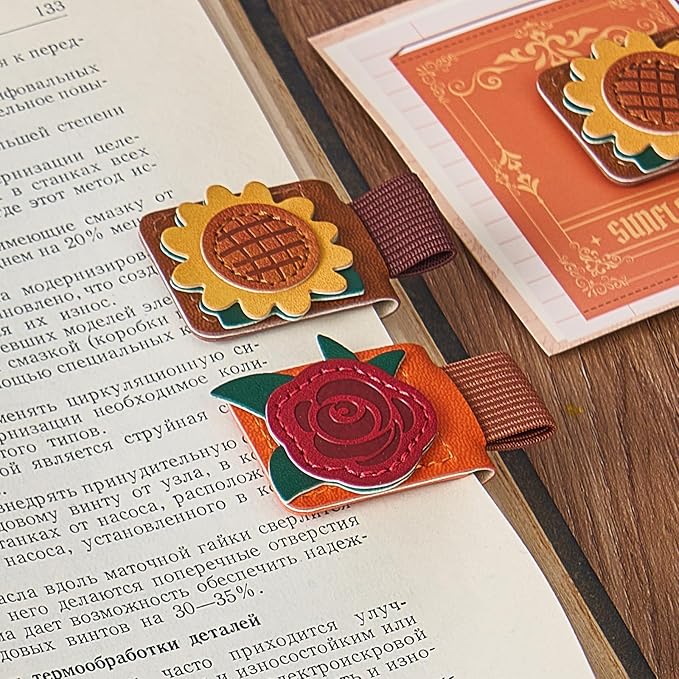 2PCS Magnetic Leather Bookmark, Rose & Sunflower Bookmarks for Women, Cute Magnetic Bookmark Clips, Book Accessories, Unique Gifts for Women