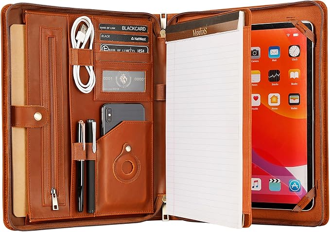 Leather Portfolio for 13-in iPad Pro M4/M5 & 13-in iPad Air M2/M3, Leather Padtfolio with ipad Holder for Letter Size Notepad, Personalized Padfolio for Men - Brown
