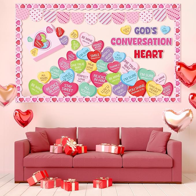 gisgfim Valentine's Day Conversation Heart Bulletin Board Set Decorations Christian Sweetheart Classroom Decor Jesus Religious Cutouts for School Home Chalkboard Valentines Party Supply(God's Heart)