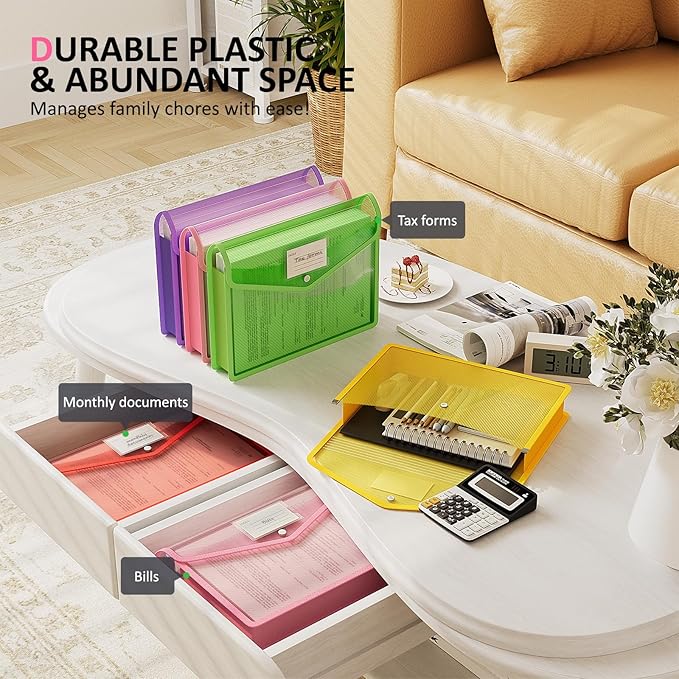 ThinkTex Plastic Expanding File Folders, Transparent Envelopes with Snap Closure, Suitable for Home, Office, School, Large Capacity, No Dividers, Dopamine 5-Color, Fits Letter/A4 Size - 5 Pack