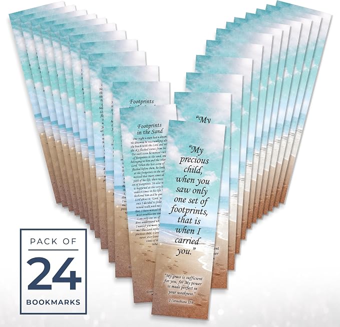 Footprints in The Sand Bookmark - 24 Pack, 2-Sided, Christian Inspirational Bible Book Mark, Bulk Religious Book Markers for Reading, 7.25"x2" (24 Bookmarks)