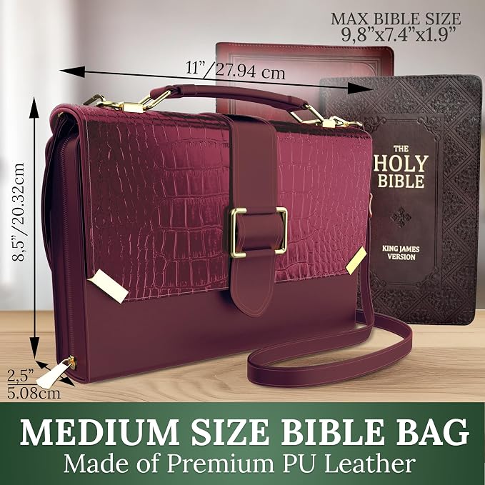 DEHITE Bible Cover Case for Women – Bible Carrying Bag for Women – Croco Burgundy Large Purse Case – Fits Book 9.8x7.4 x1.9 in – Pen Slots – Zippered Pocket – Shoulder Strap – Premium PU Leather