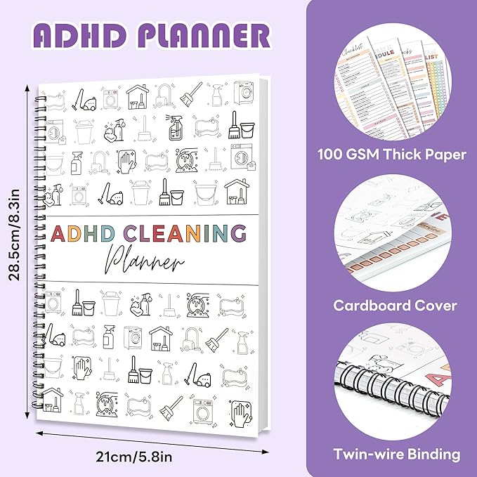 Adhd Planner Daily Cleaning Organizer - Chore Chart Schedule and Checklist - Adhd Household Needs Organization Weekly Monthly Yearly Home Family Full Focus Routine Clean Planners for Adults Women