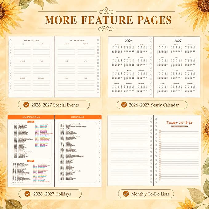 CAGIE Planner 2026-2027 18 Month July 2026-Dec 2027 Weekly and Monthly Calendar Planners Yearly Daily Hardcover 26-27 Planner for Women with Stickers Tabs Spiral Bound Agenda, Sunflower, 8.3"x9.1
