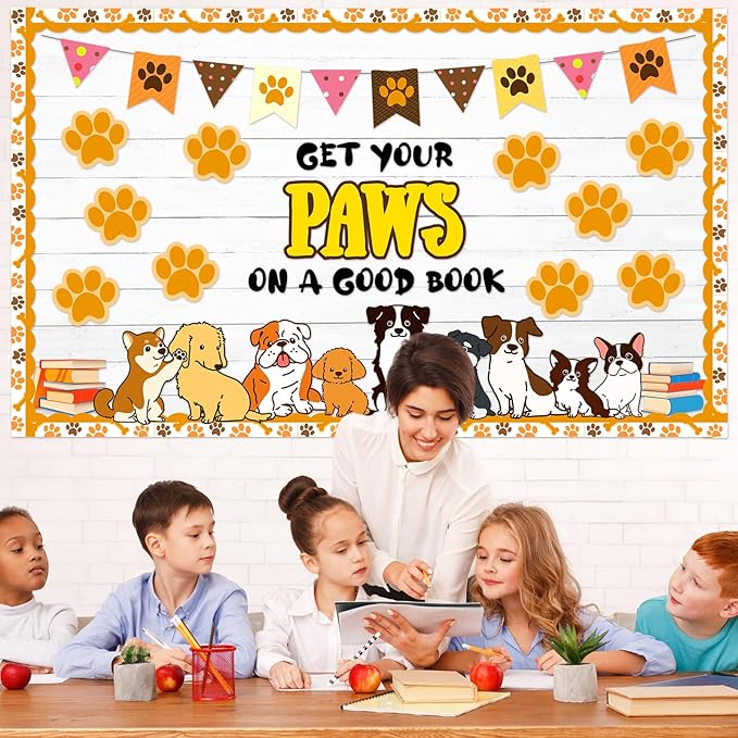 Dog Paw Classroom Bulletin Board Set Get Your Paws on a Good Book Reading Bulletin Board Decorations Pet Dog Prints Paper Cutouts Classroom Decorations for Back to School Nursery Chalkboard Wall Back